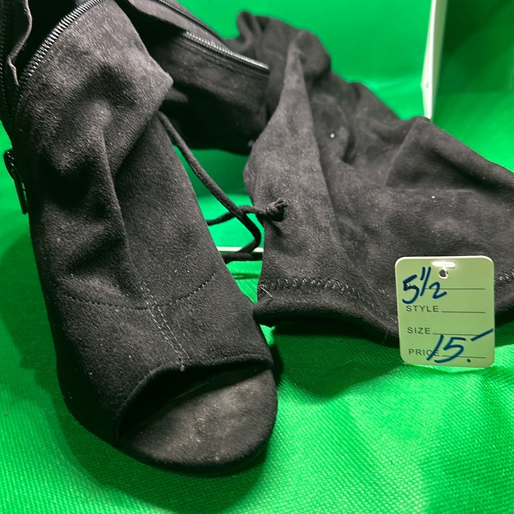 Black 5.5 knee high open toe boots